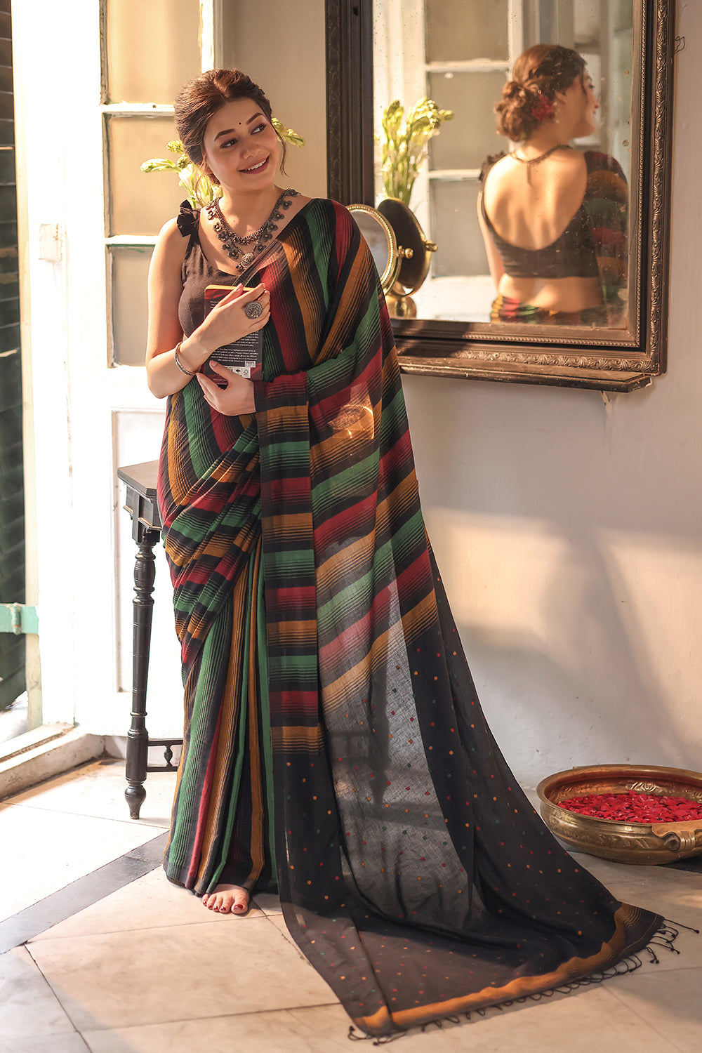 Handloom Black Pure Cotton Saree With Multi Colour Stripes