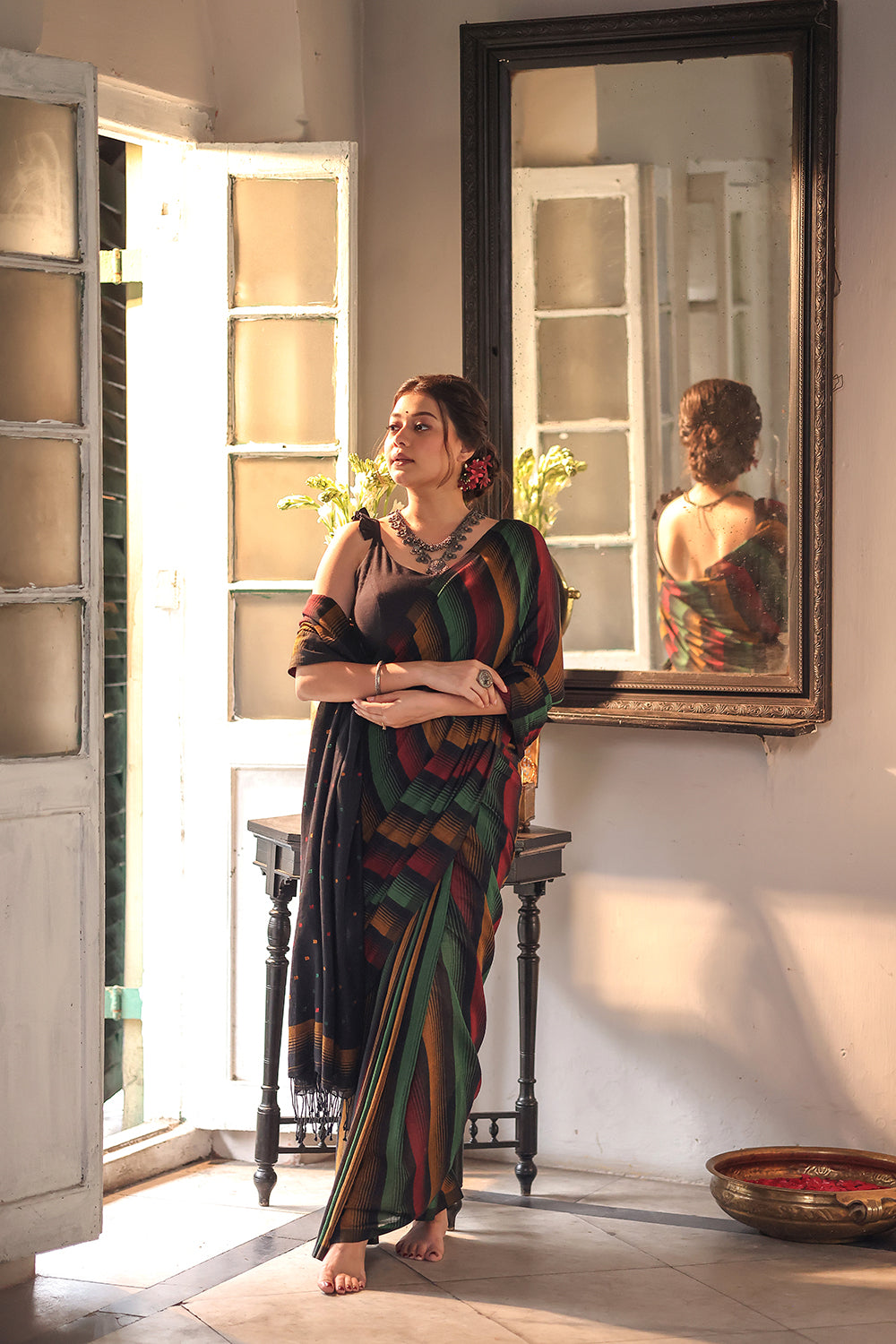Handloom Black Pure Cotton Saree With Multi Colour Stripes