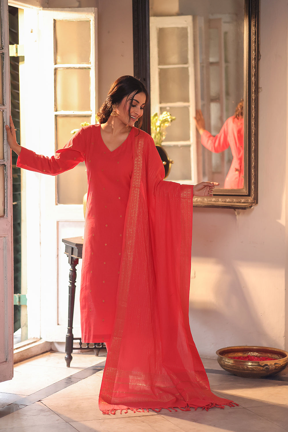 Peach Echo Pure South Cotton Zari Kurta Set With Dupatta