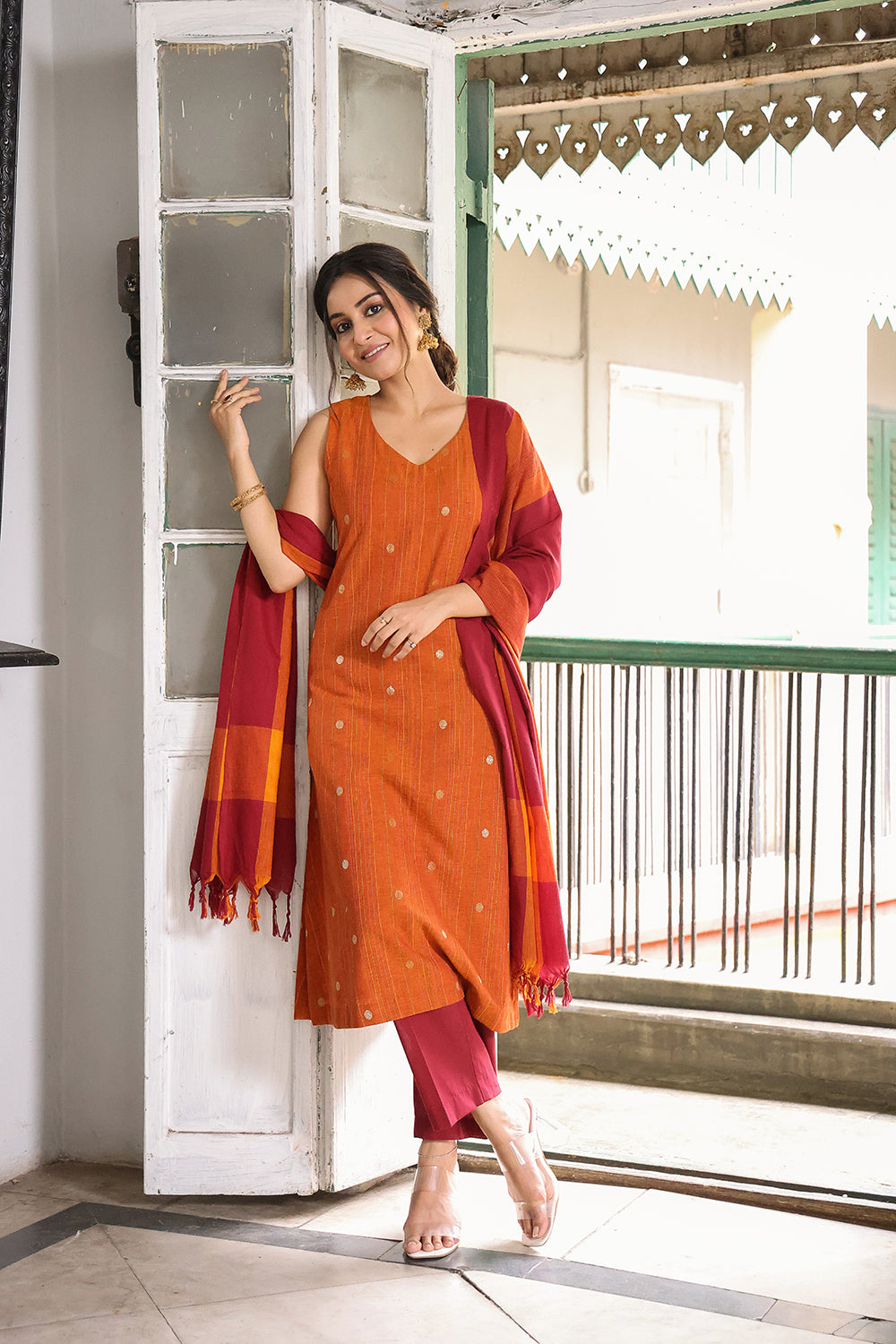 Mustard Pure South Cotton Zari Kurta Set With Dupatta