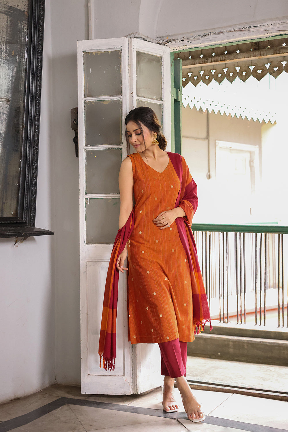 Mustard Pure South Cotton Zari Kurta Set With Dupatta