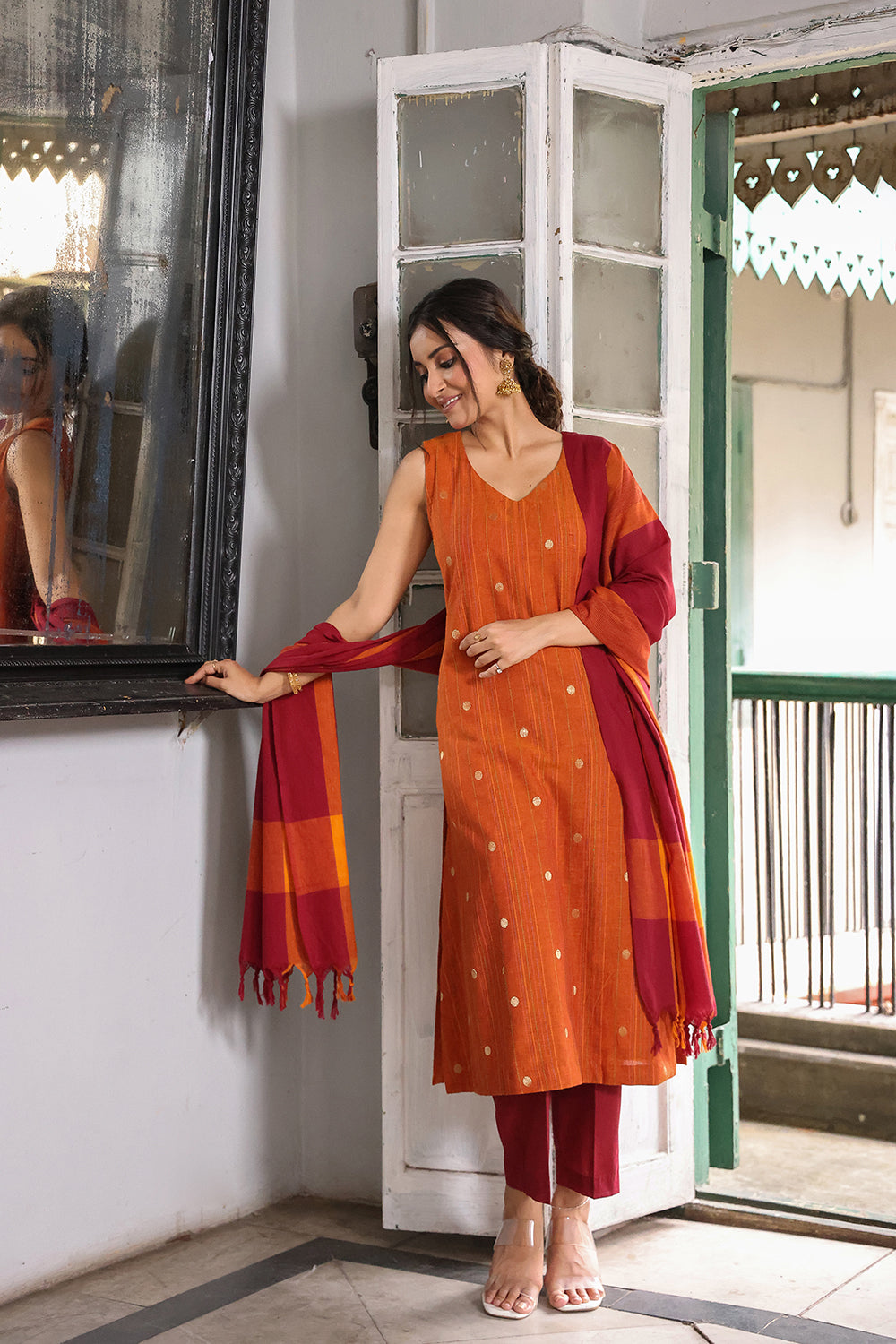 Mustard Pure South Cotton Zari Kurta Set With Dupatta