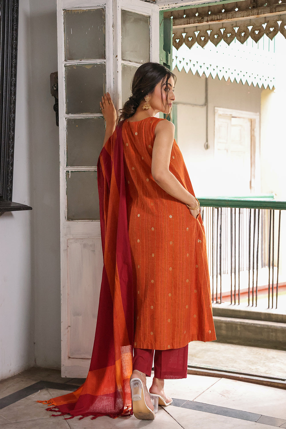 Mustard Pure South Cotton Zari Kurta Set With Dupatta
