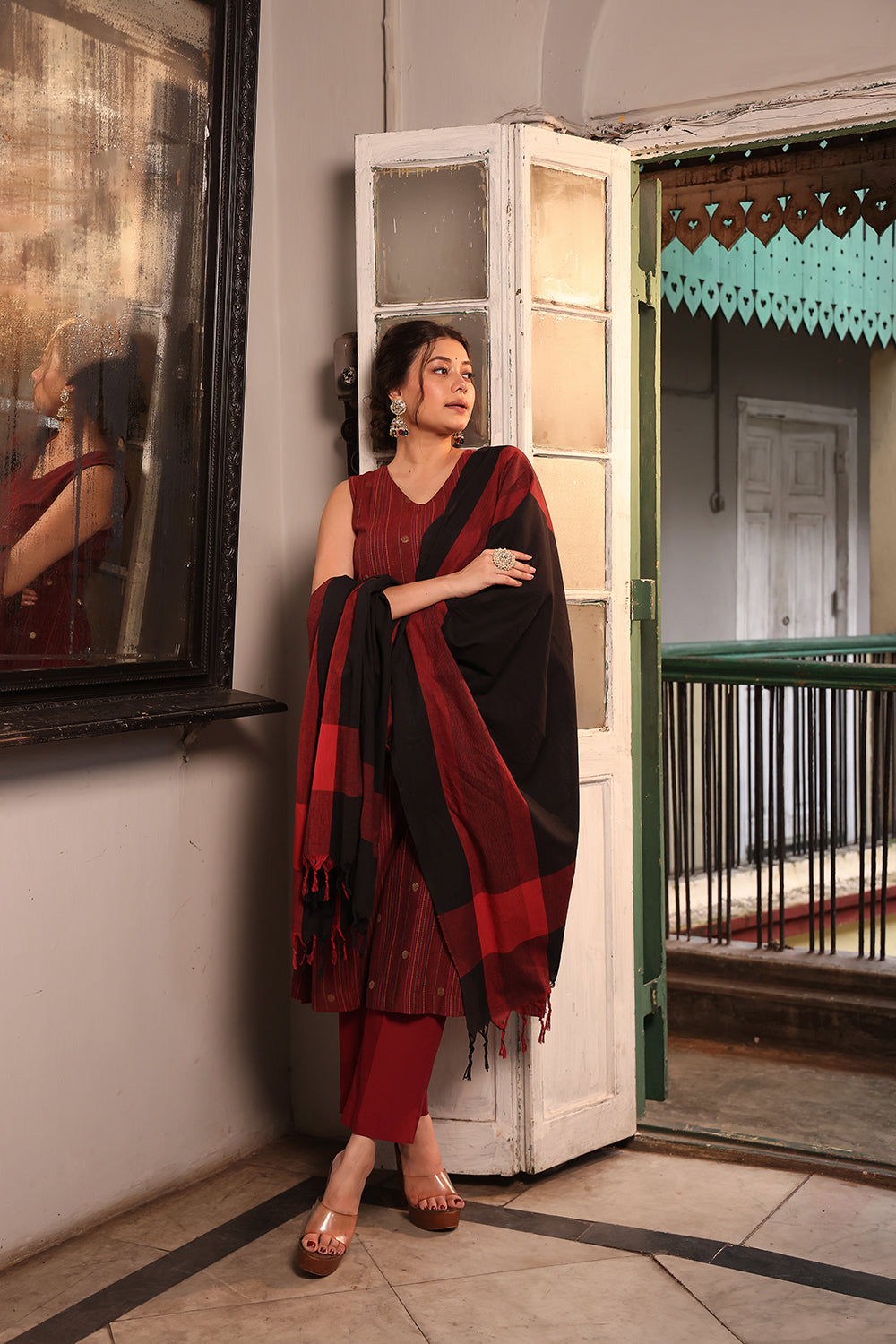 Maroon Pure South Cotton Zari Kurta Set With Dupatta