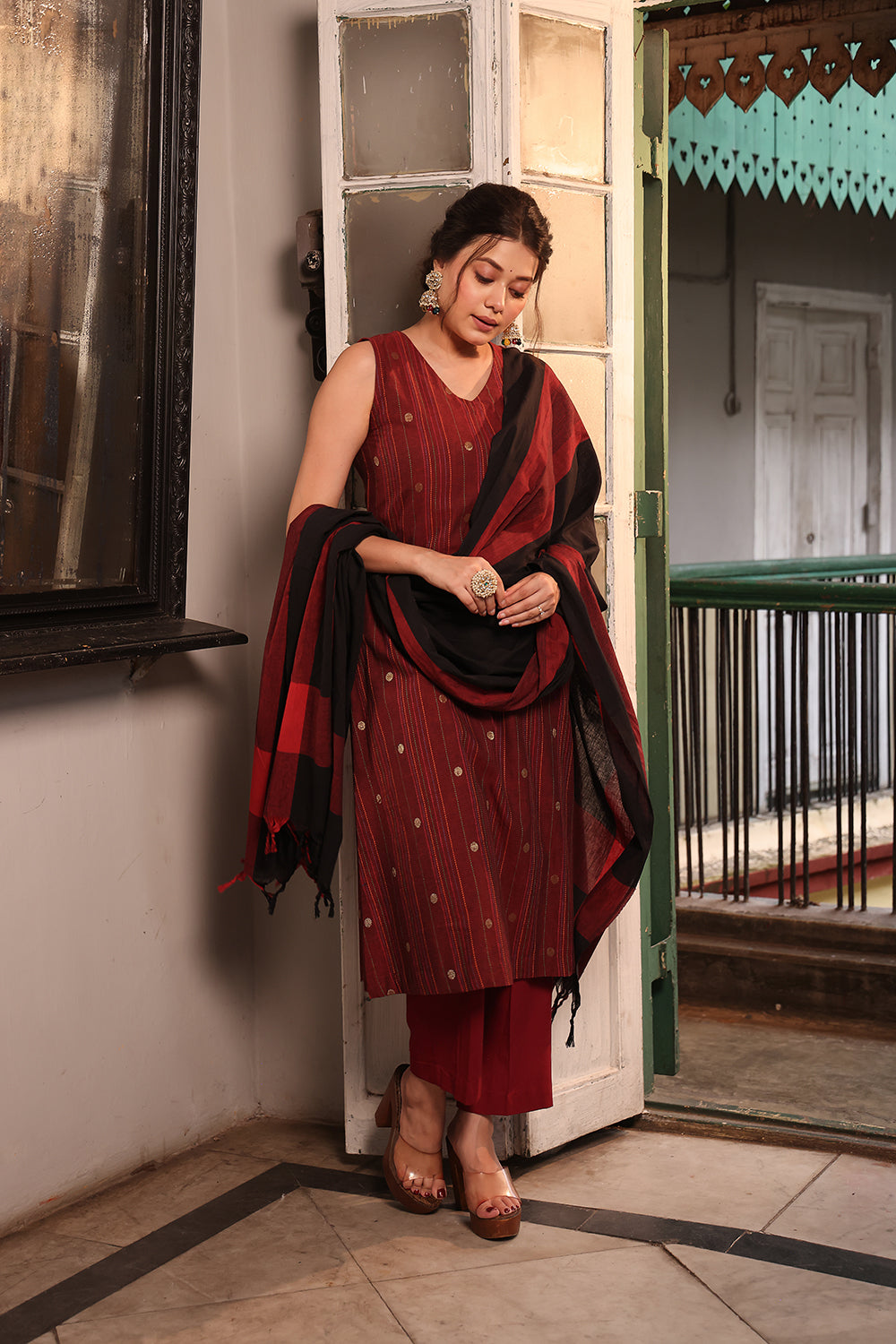 Maroon Pure South Cotton Zari Kurta Set With Dupatta