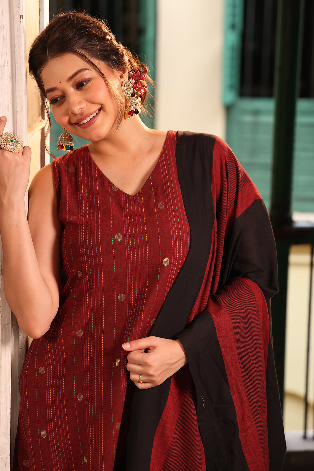 Maroon Pure South Cotton Zari Kurta Set With Dupatta