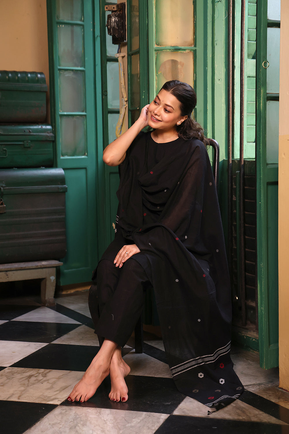 Black Pure Cotton Kurta Set With Jamdani  Dupatta