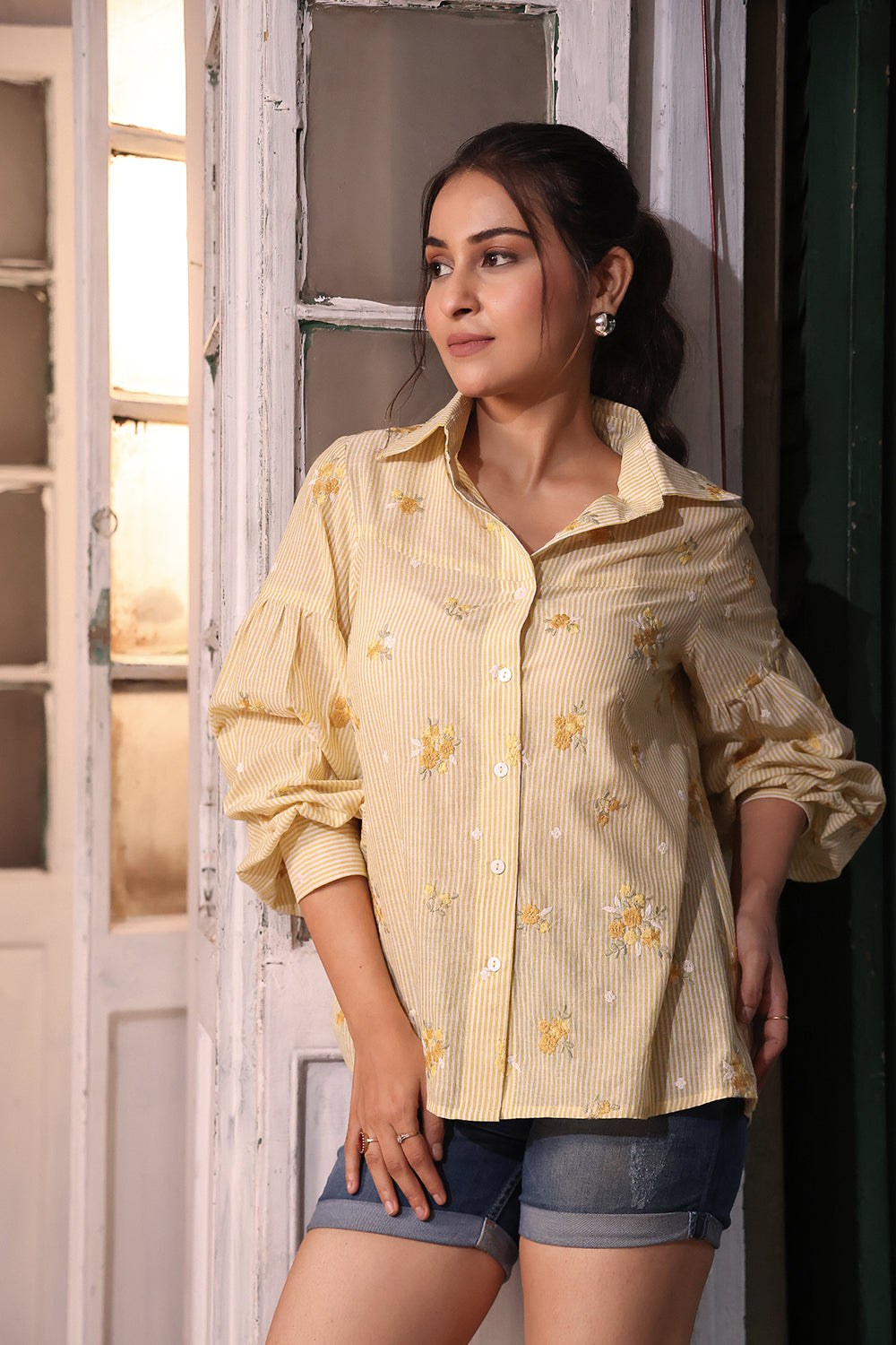Pastel Yellow Pure  Cotton Embriodered Shirt