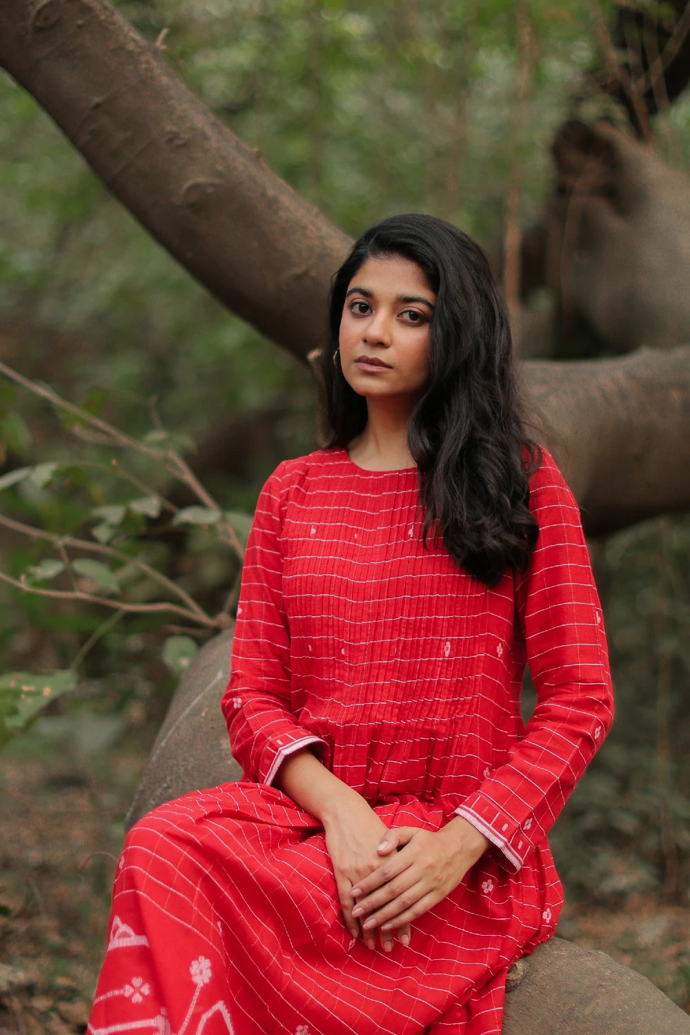 Scarlet Red Handwoven Jamdani Dress for Office Wear