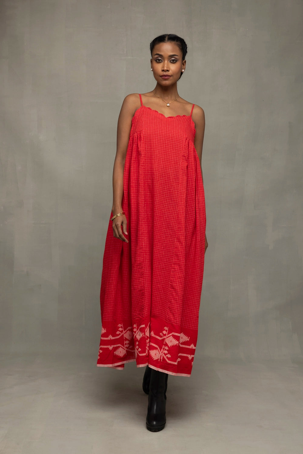 Scarlet Red Handwoven Pure Cotton Jamdani Dress