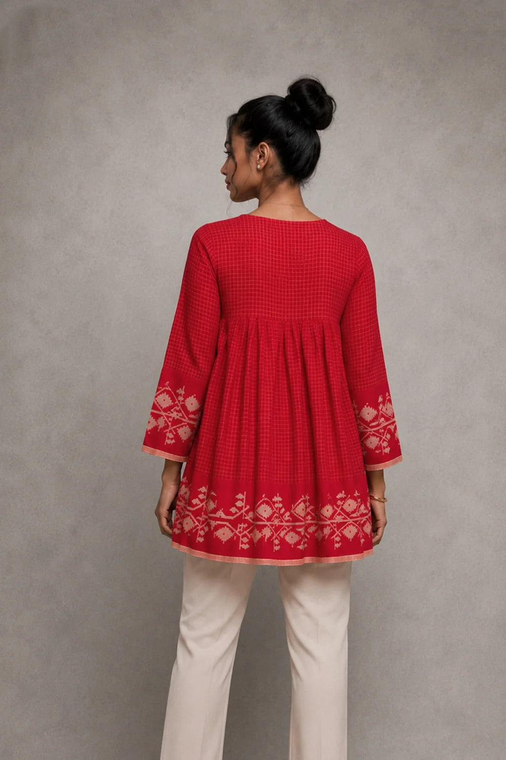 Scarlet Red Handwoven Pure Cotton Jamdani Top Back View
