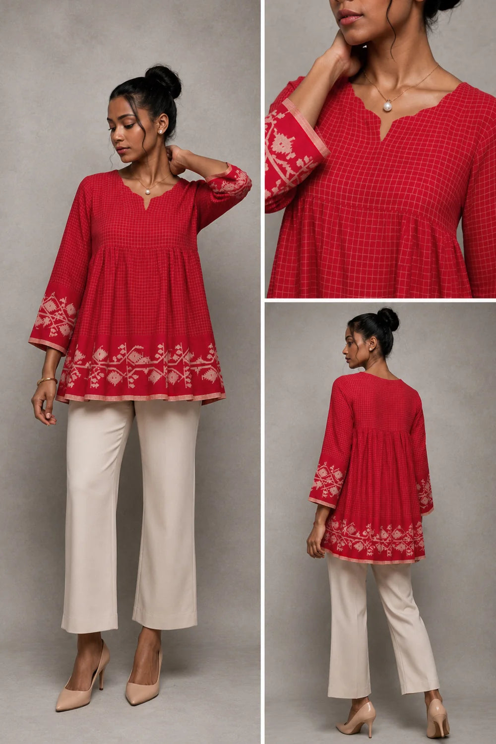 Scarlet Red Handwoven Pure Cotton Jamdani Top Front Back and Neckline Detail View