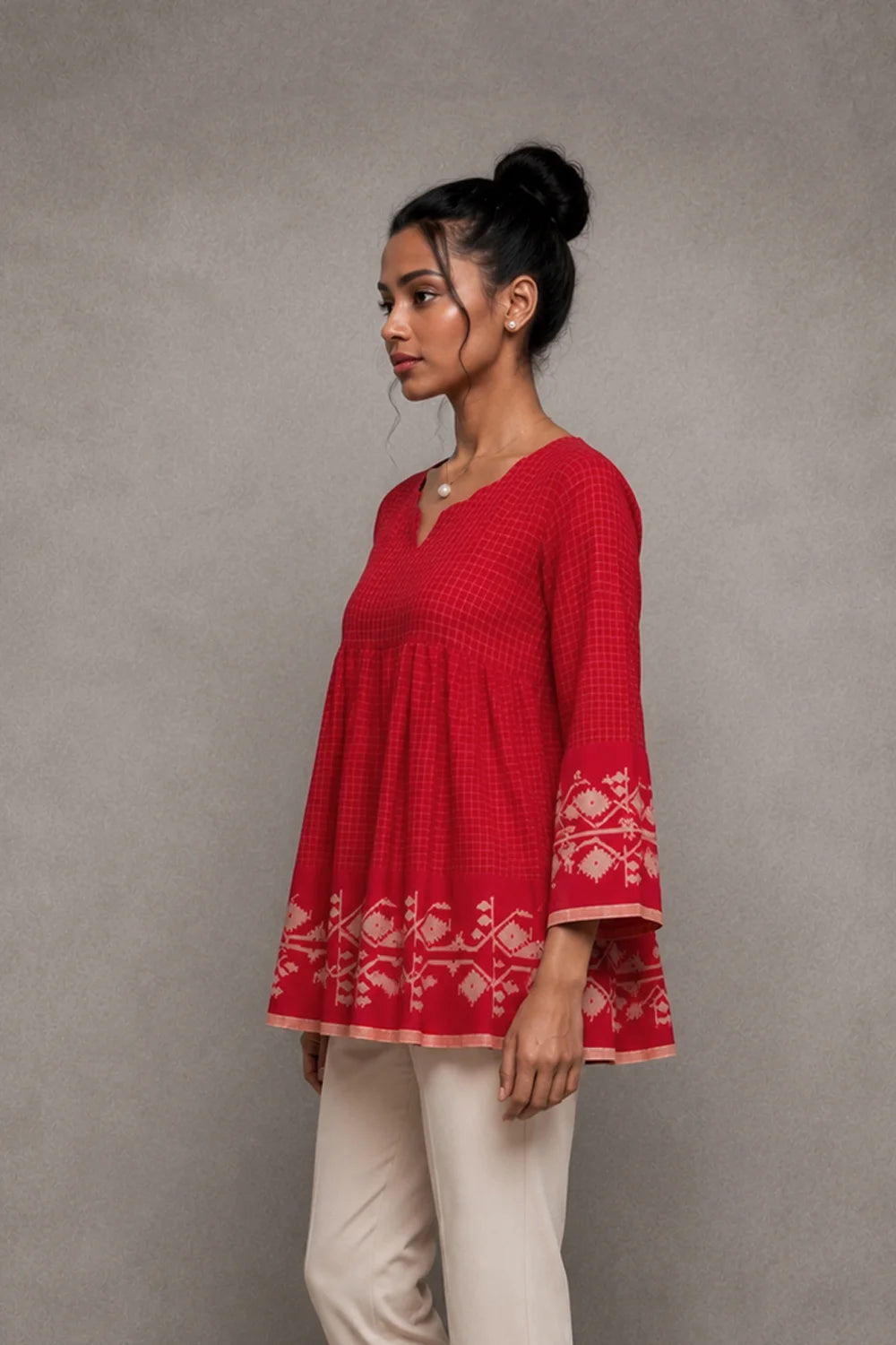 Red Handwoven Pure Cotton Jamdani Top Side View