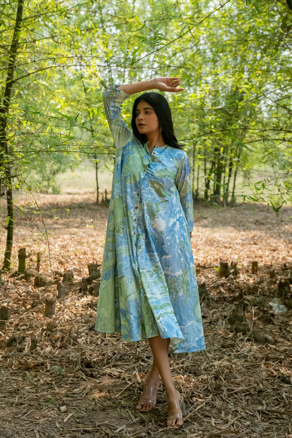 Soft Blue Marble Print Pure Cotton Dress for Casual Wear