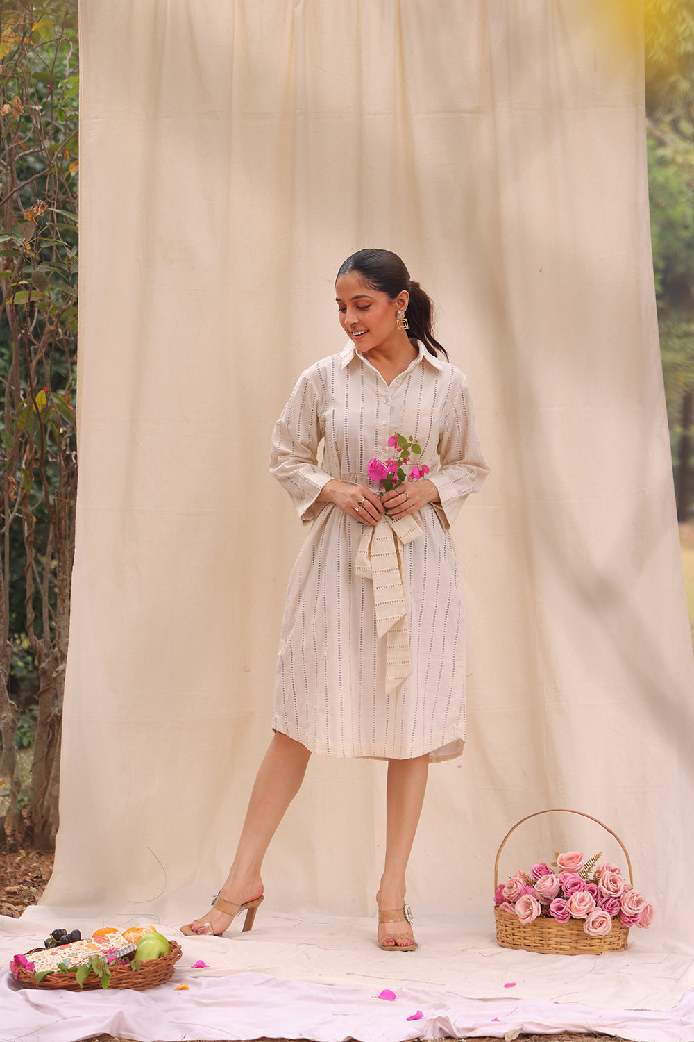 Soft Cream Cotton Shirt Dress for Weekend and Summer Wear
