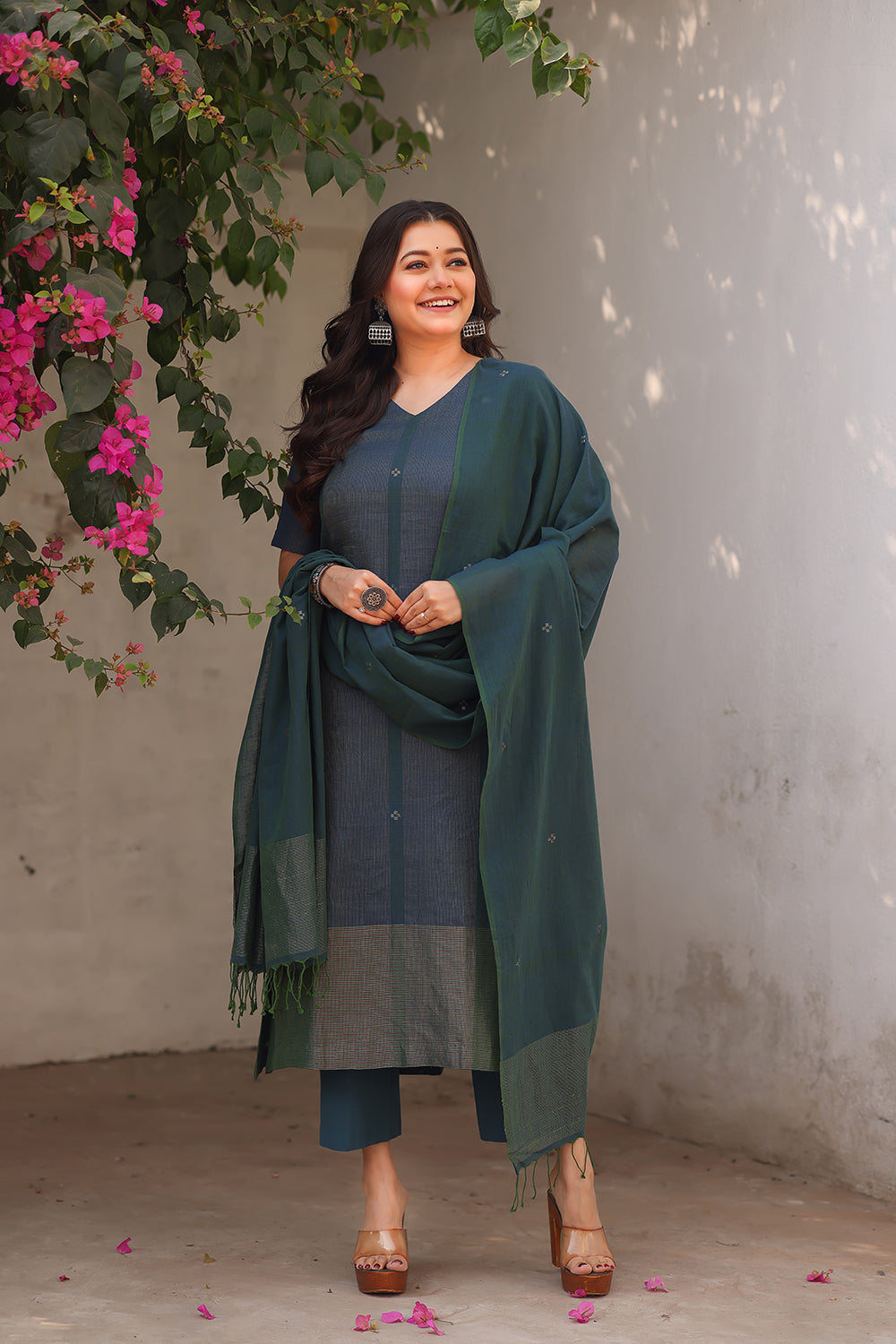 Teal Jamdani Straight Fit Kurta Set with Silver Zari Border for Office Wear