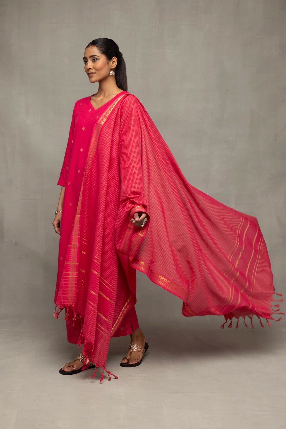 Traditional Amaranth Handwoven South Cotton Kurta Set for Ethnic Wear