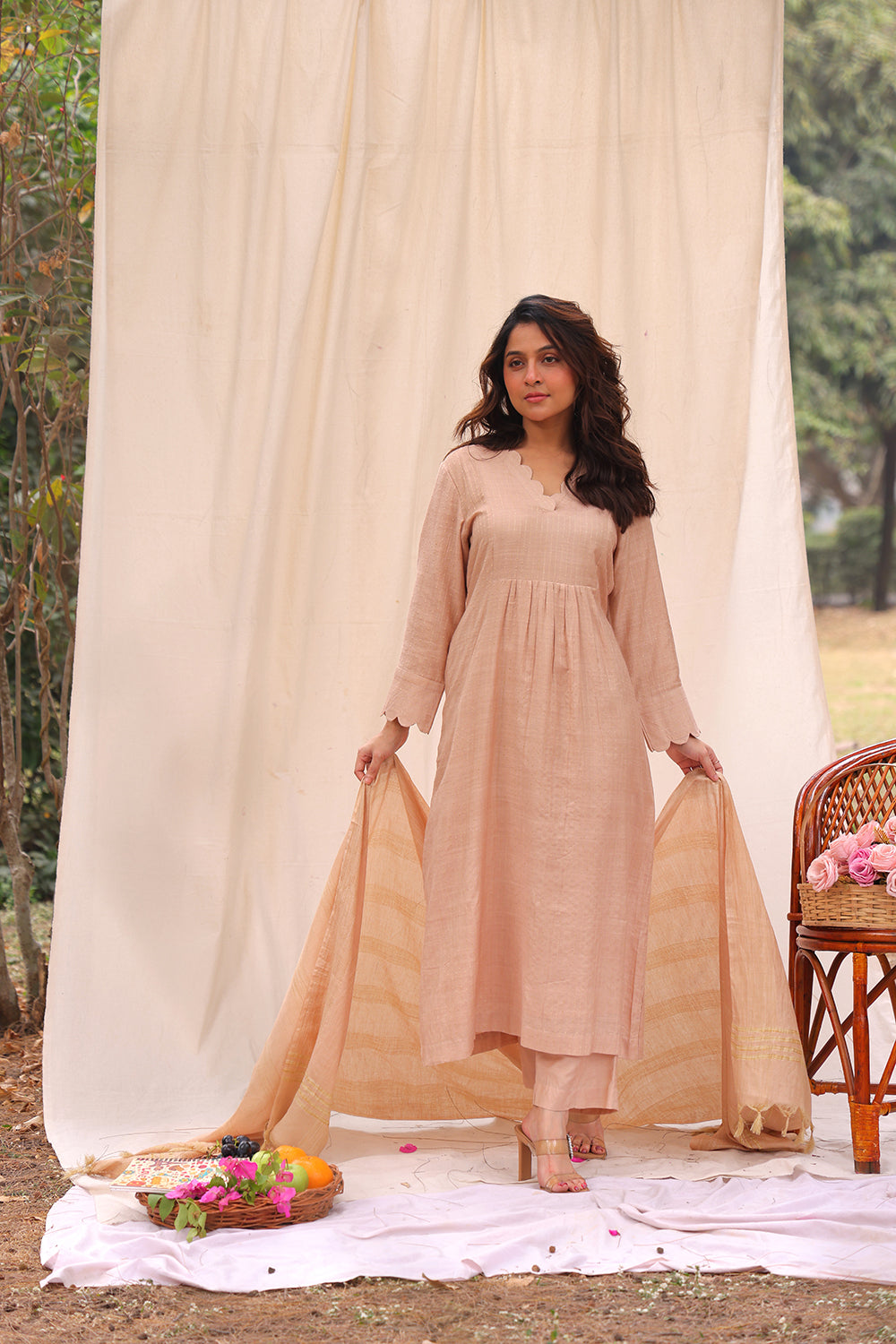 Traditional Beige Cotton Silk Woven Kurta Set with Dupatta for Ethnic Wear