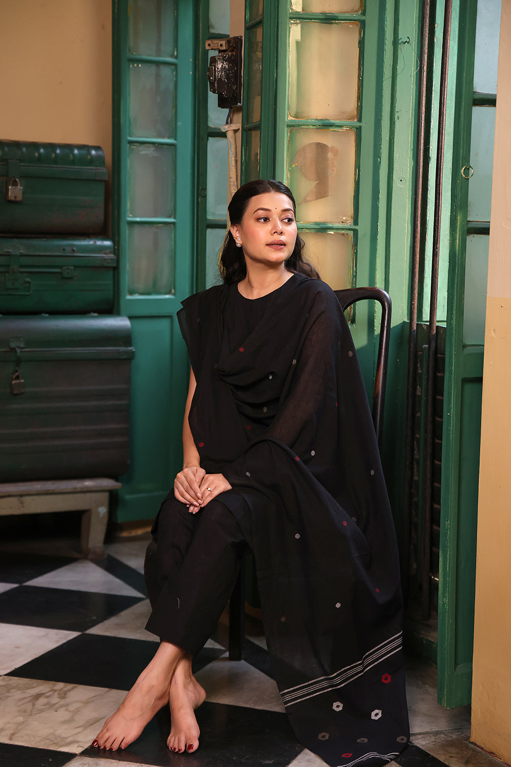 Traditional Black Cotton Kurta Set with Handloom Jamdani Dupatta for Ethnic Wear