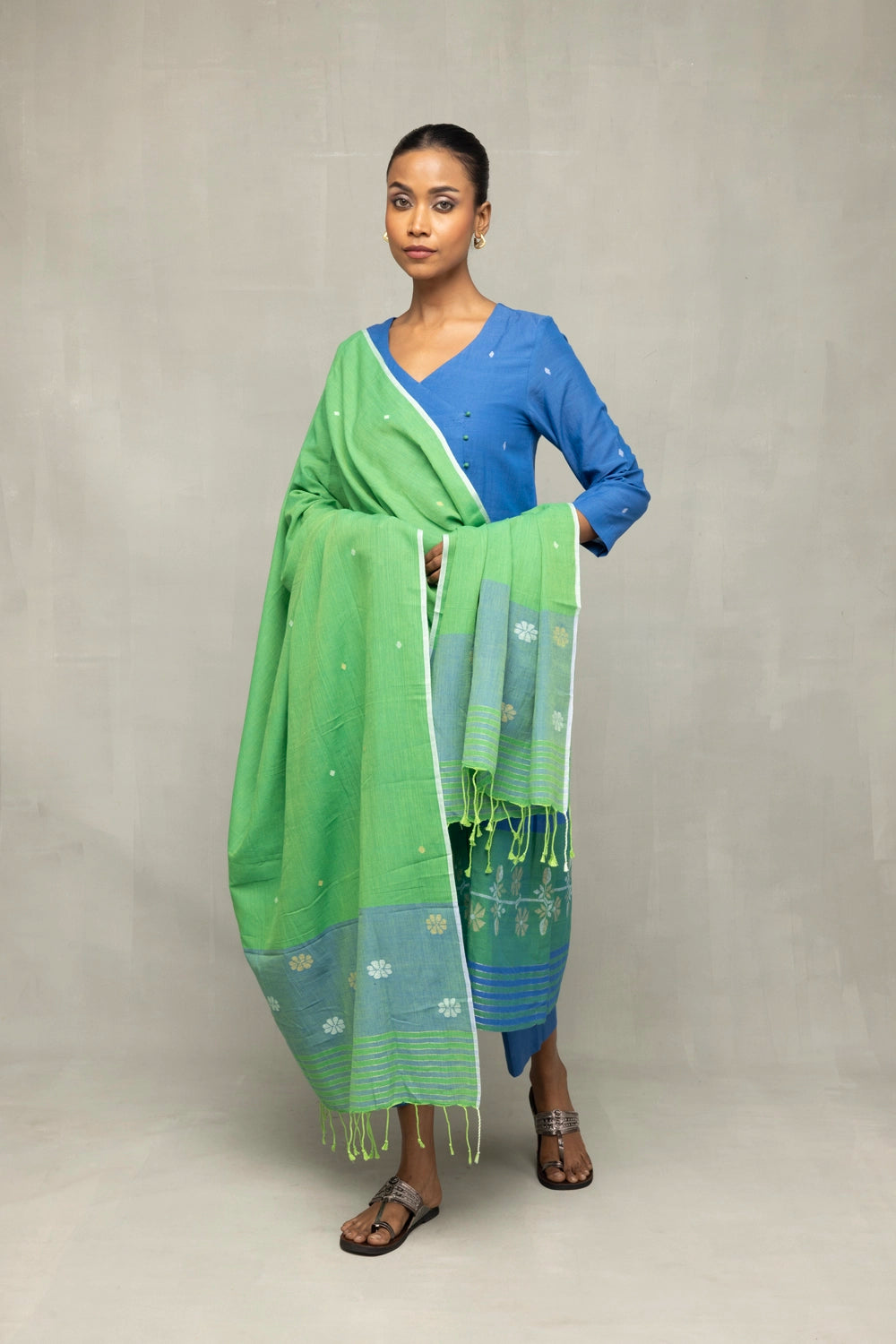 Traditional Blue and Green Handloom Jamdani Kurta Set with Dupatta for Ethnic Wear