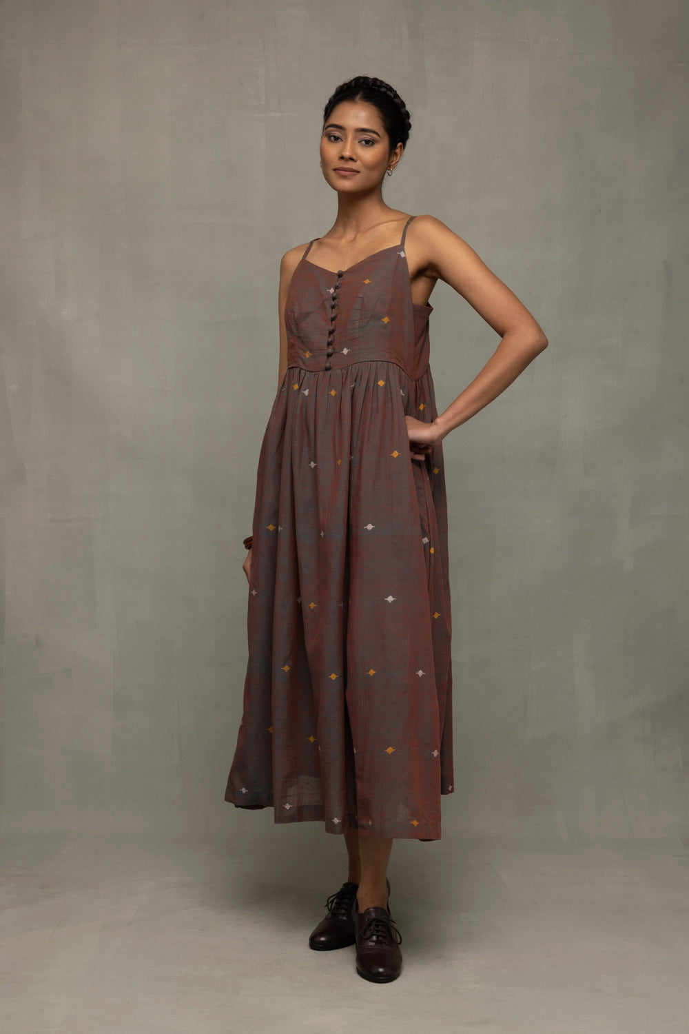 Traditional Brown Duo Tone Handwoven Jamdani Midi Dress for Ethnic Wear
