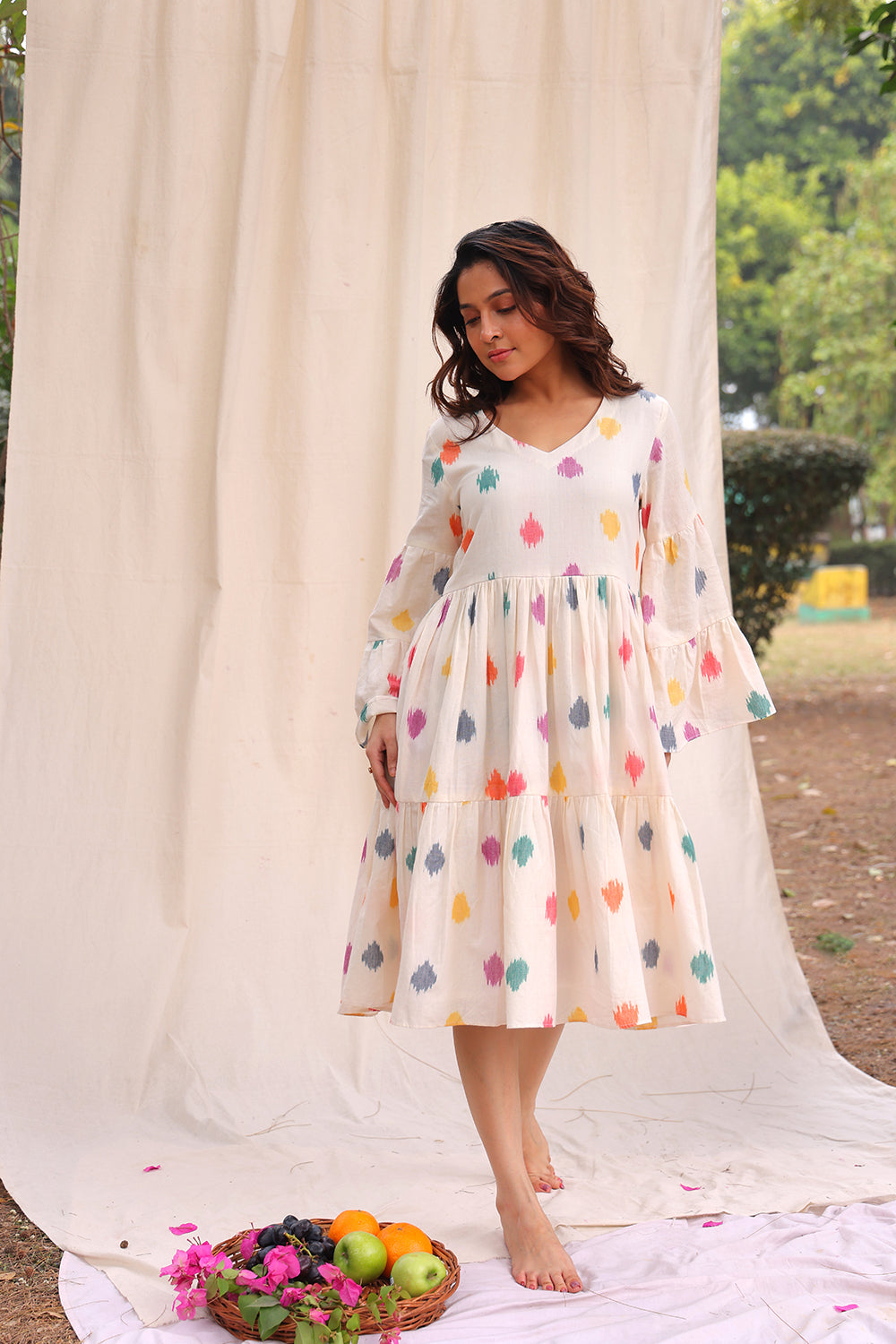 Traditional Canvas Off White Ikkat Cotton Dress for Ethnic Wear