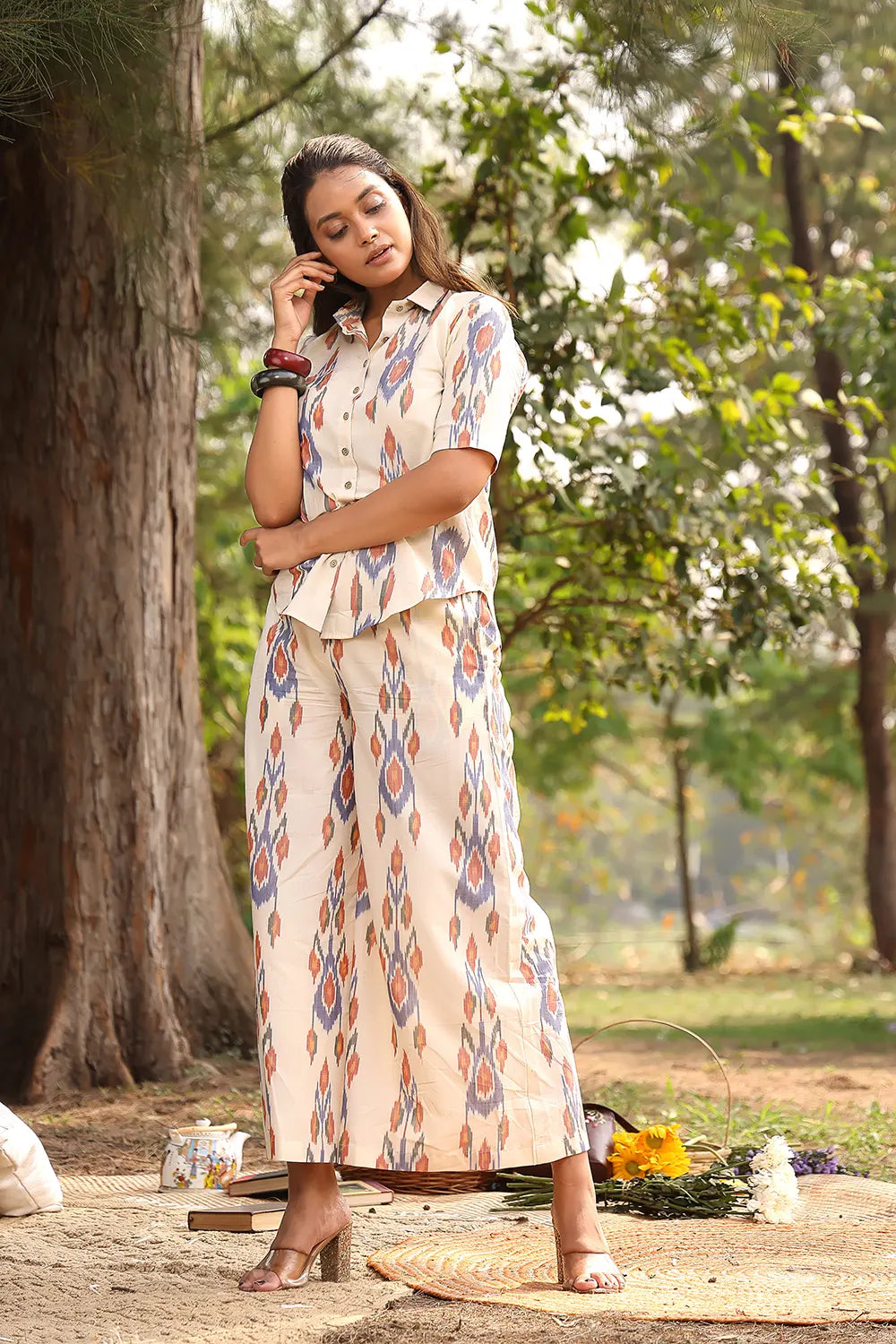 Traditional Cream Handloom Ikat Co-ord Set for Ethnic Wear
