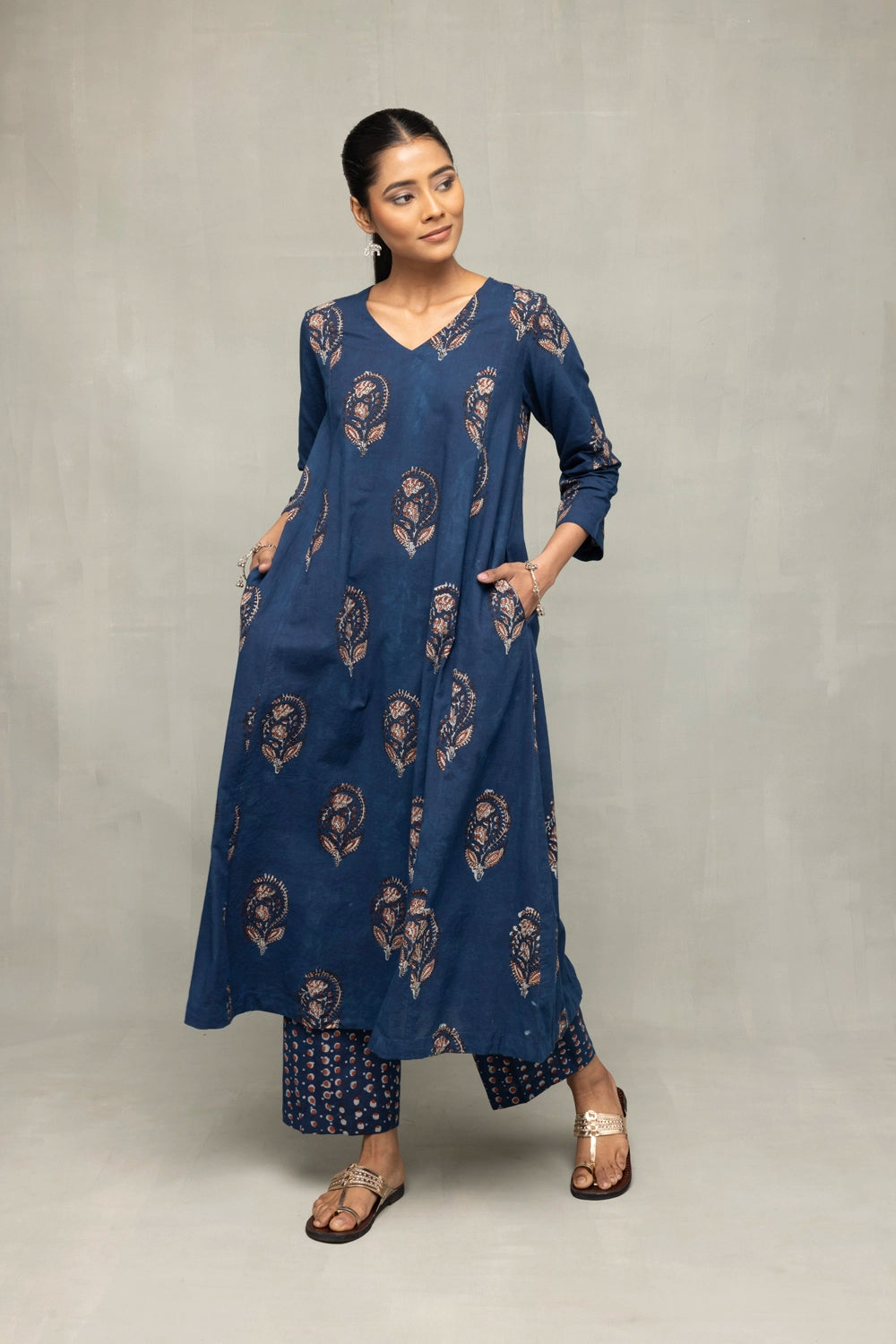 Traditional Indigo Block Print Kurta Set with Dupatta for Ethnic Wear