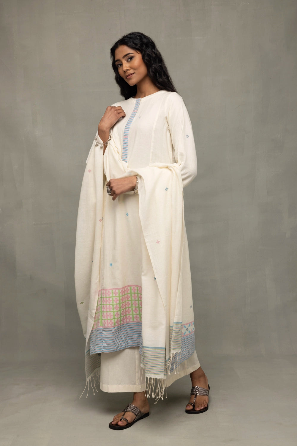 Traditional Ivory Handloom Jamdani Kurta Set with Stripes Dupatta for Ethnic Wear