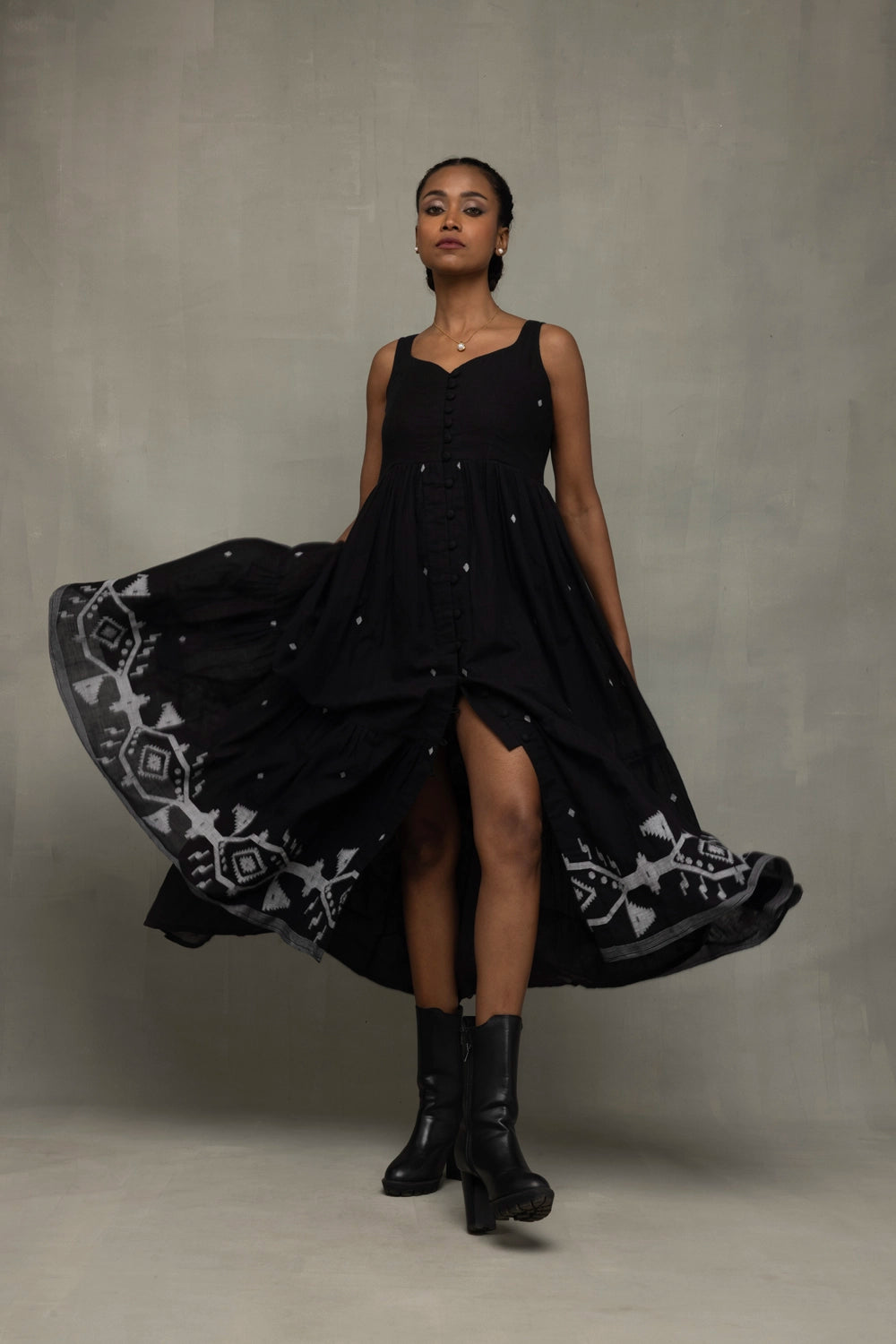 Traditional Midnight Black Handwoven Jamdani Tiered Midi Dress for Ethnic Wear
