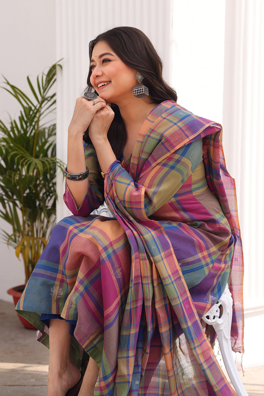 Traditional Multicolour Handloom Jamdani Kurta Set with Dupatta for Ethnic Wear