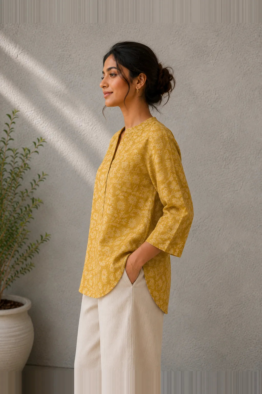 Traditional Mustard Wax Batik Khadi Top for Ethnic Casual Wear