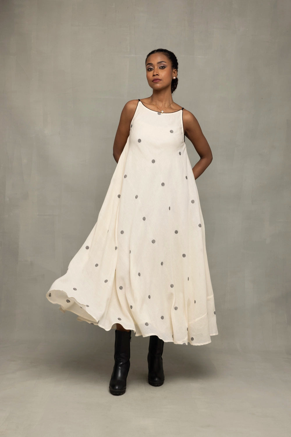 Traditional Pearl White Handwoven Jamdani Trapeze Dress for Ethnic Wear