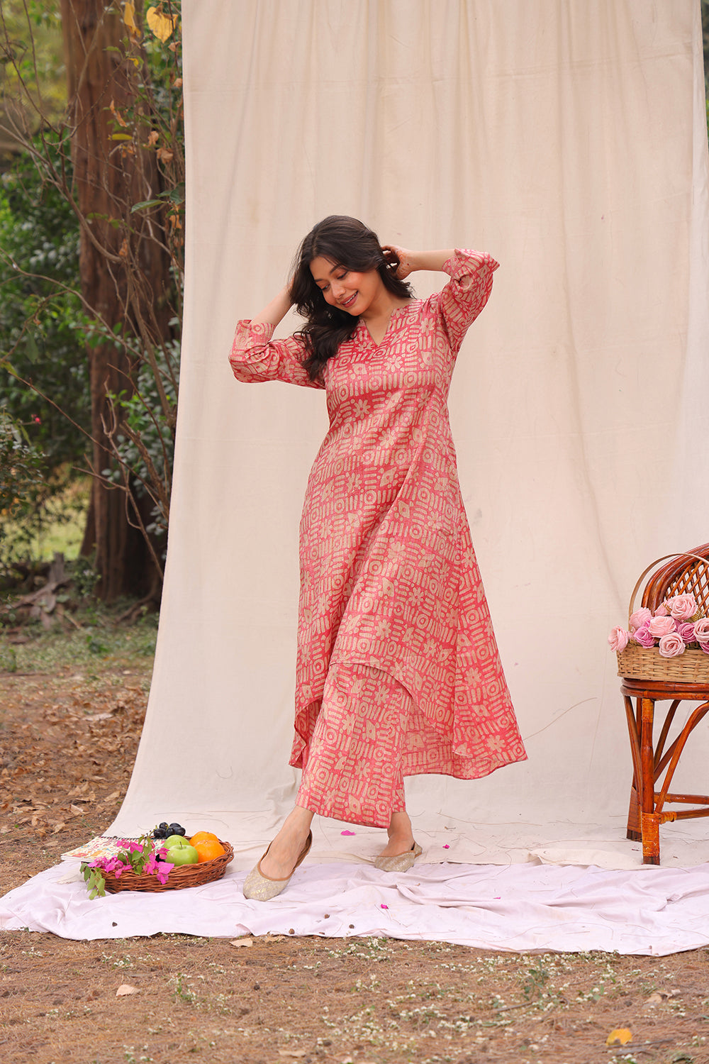 Traditional Pink Hand Batik Khadi Cotton Co-ord Set for Ethnic Wear