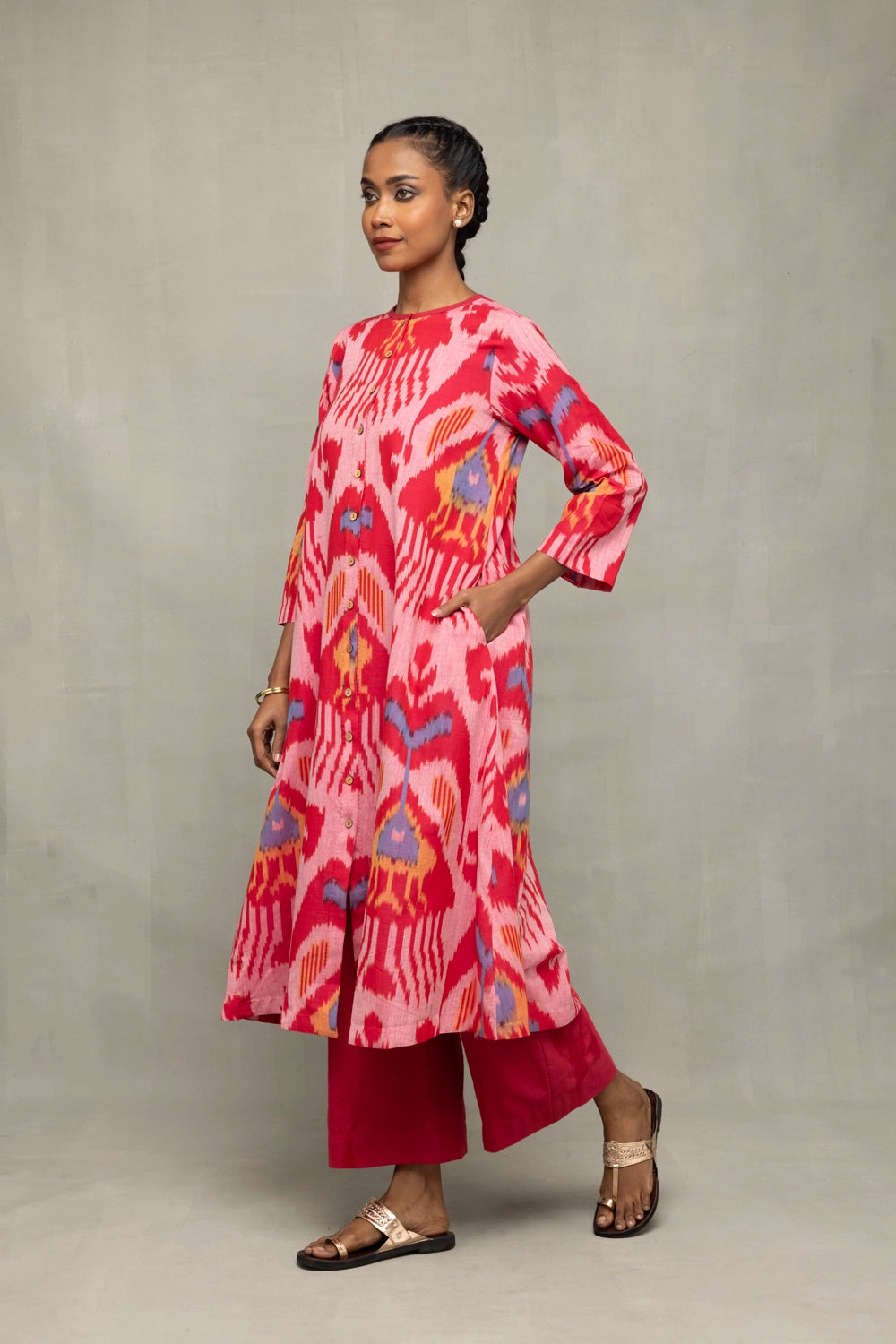 Traditional Pink Handloom Abstract Ikat Co-ord Set for Ethnic Wear