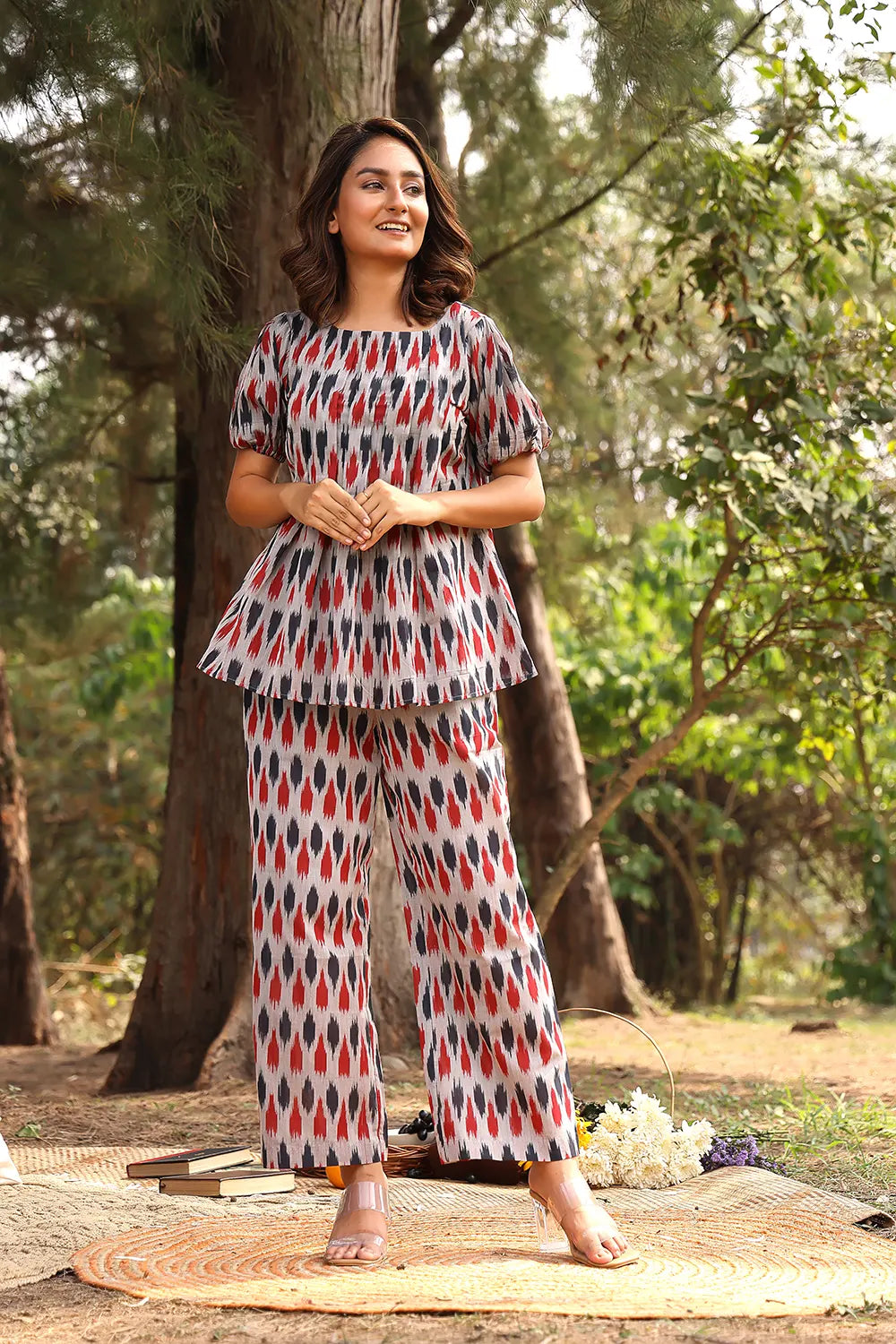 Traditional Red and Blue Handloom Ikat Co-ord Set for Ethnic Wear