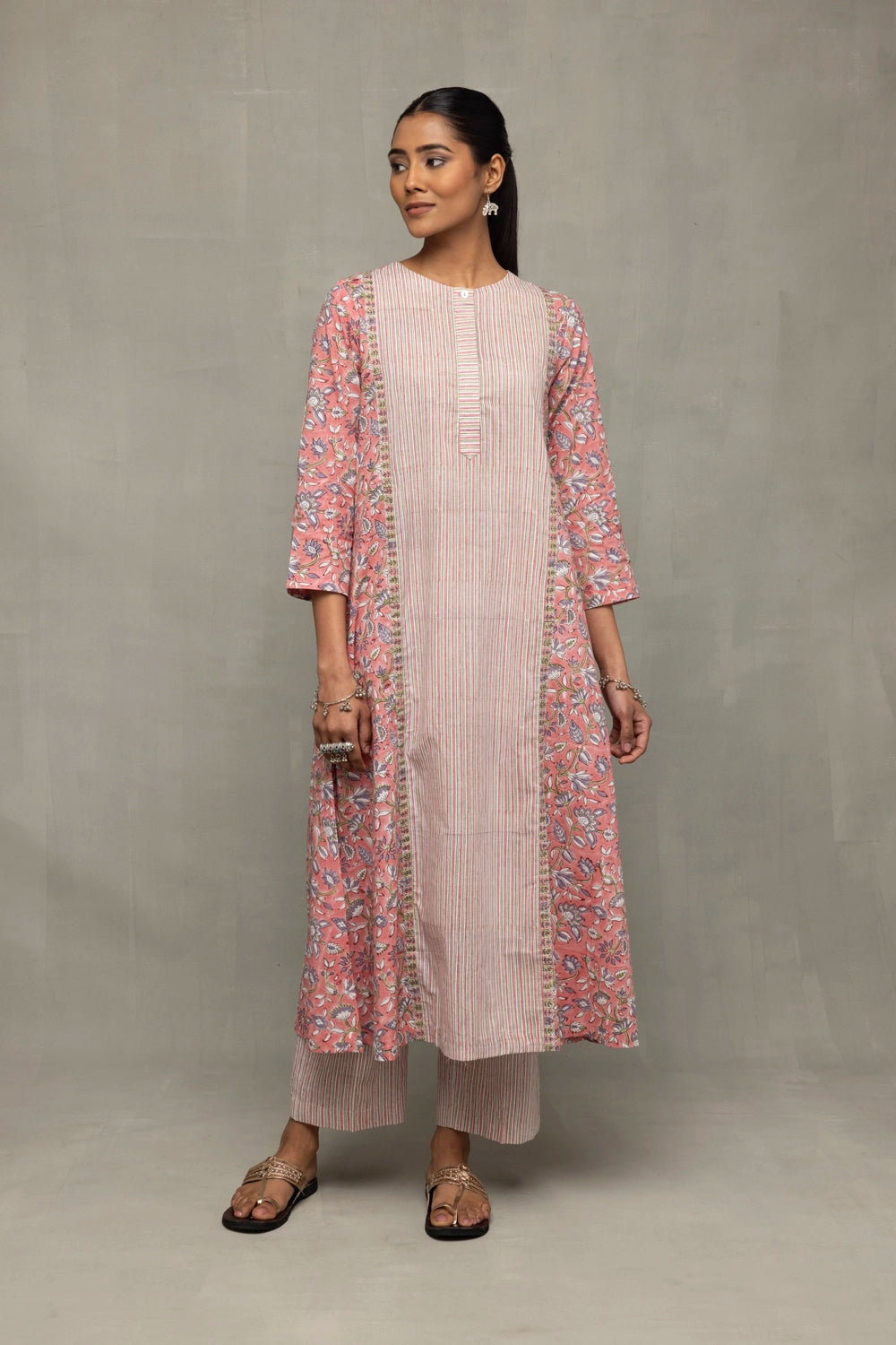 Traditional Salmon and Frost Block Print Kurta Set with Dupatta for Ethnic Wear