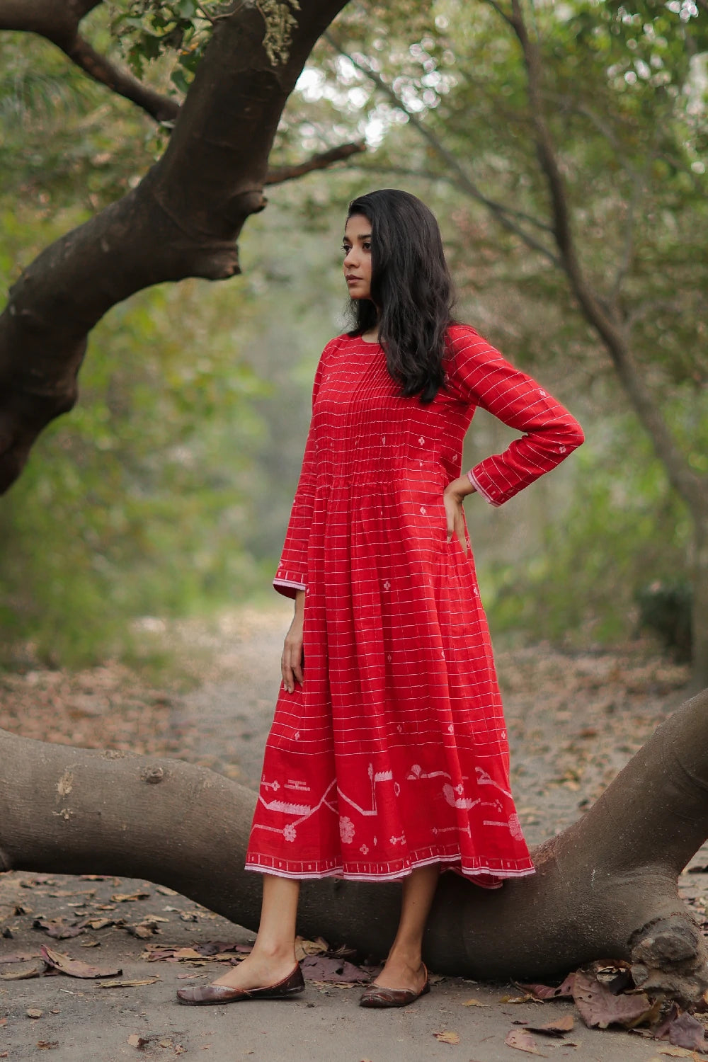 Traditional Scarlet Red Handwoven Jamdani Cotton Dress for Ethnic Wear