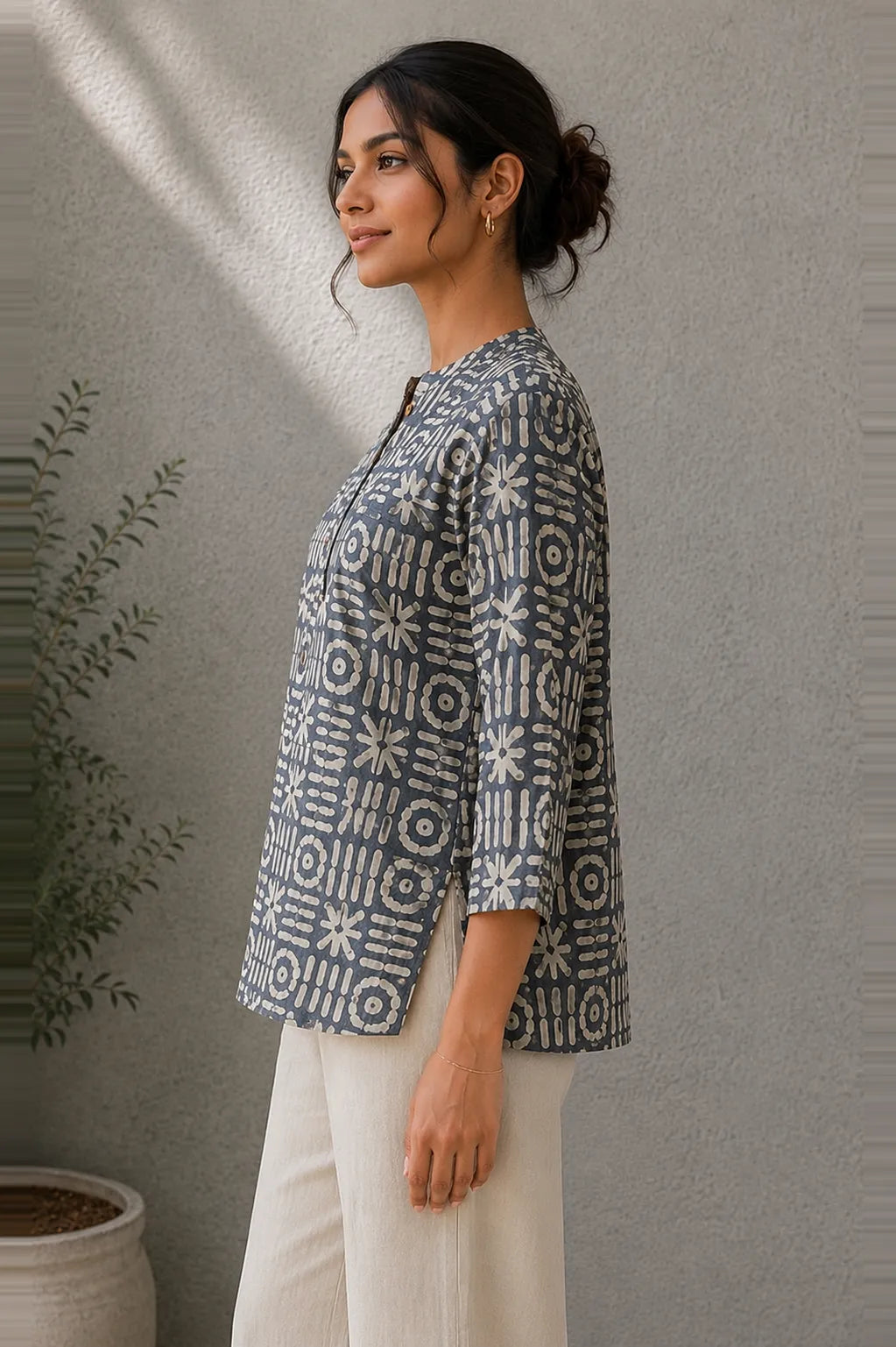 Traditional Stone Blue Wax Batik Khadi Top for Ethnic Casual Wear