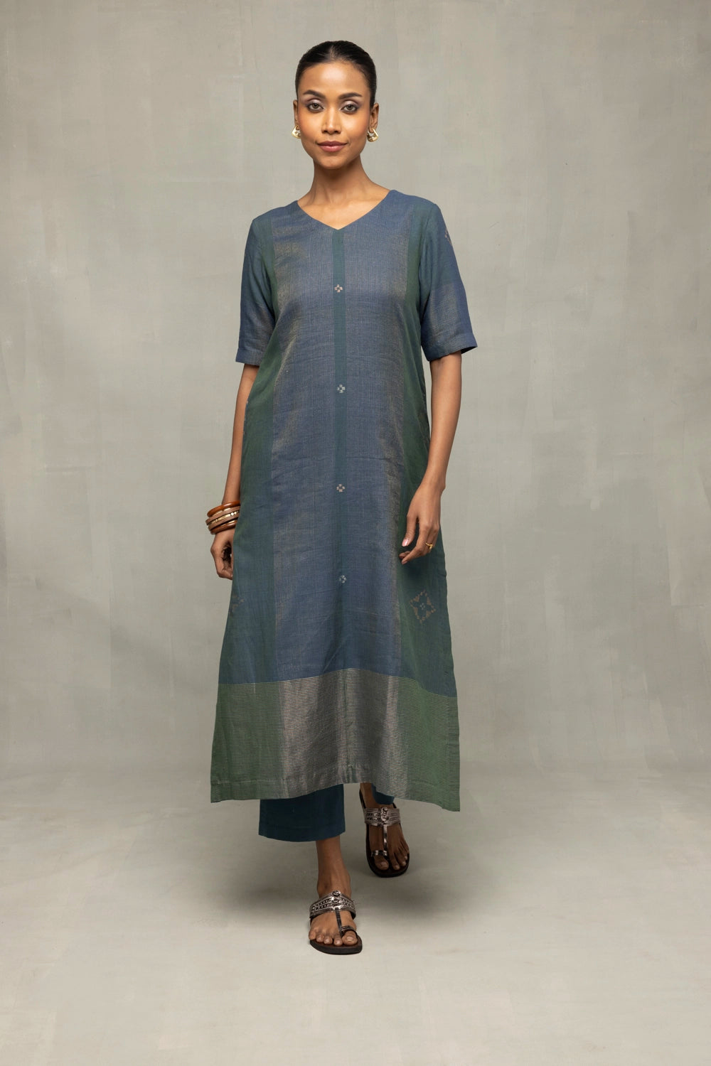 Traditional Teal Jamdani Kurta Set with Silver Zari Border for Ethnic Wear