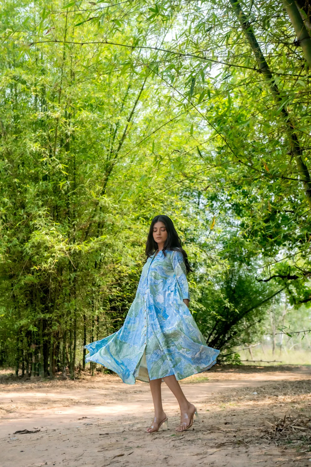 Versatile Blue Marble Pure Cotton Dress for Festive Occasions