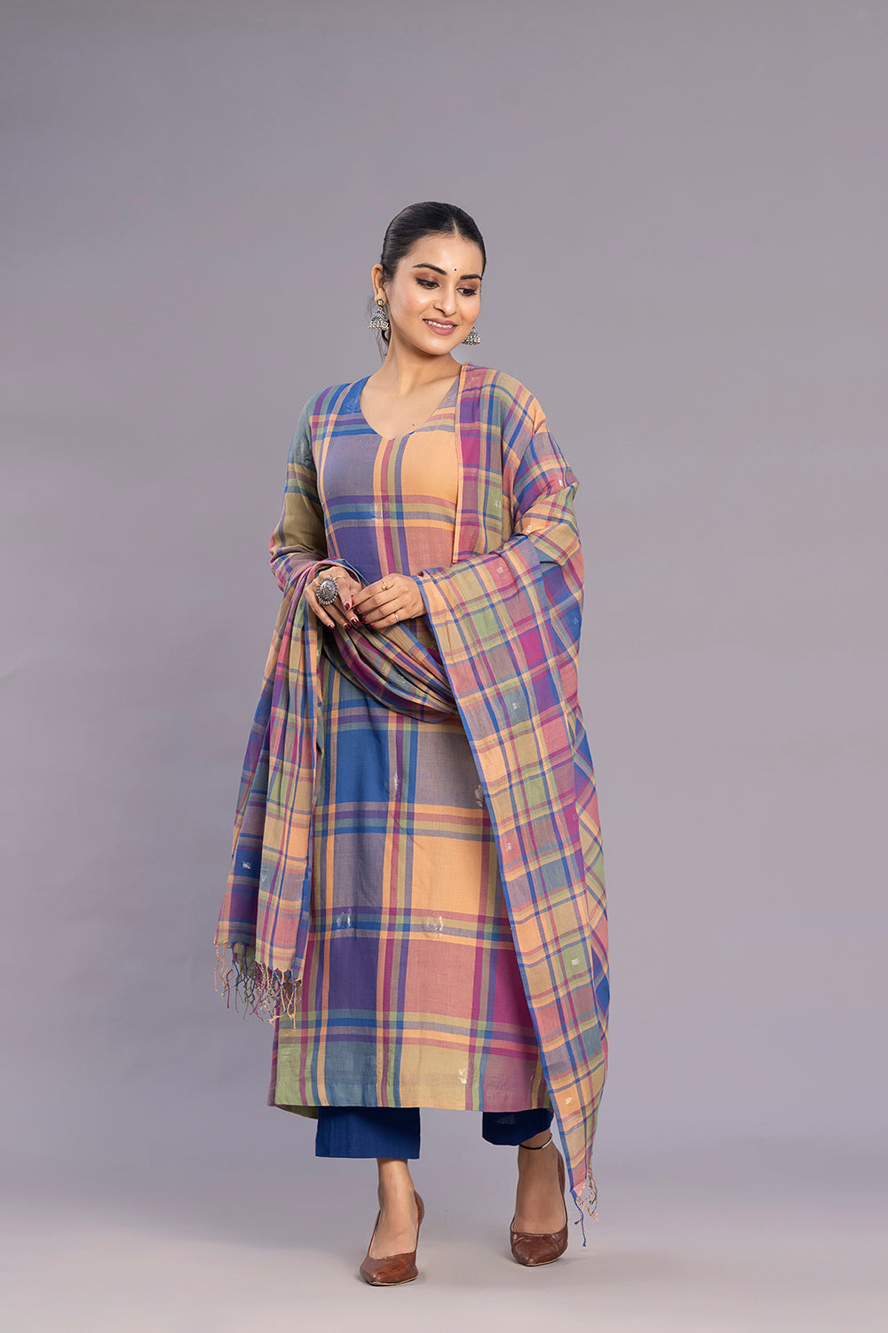 Vibrant Multicolour Handloom Jamdani Kurta Set with Dupatta for Casual Wear