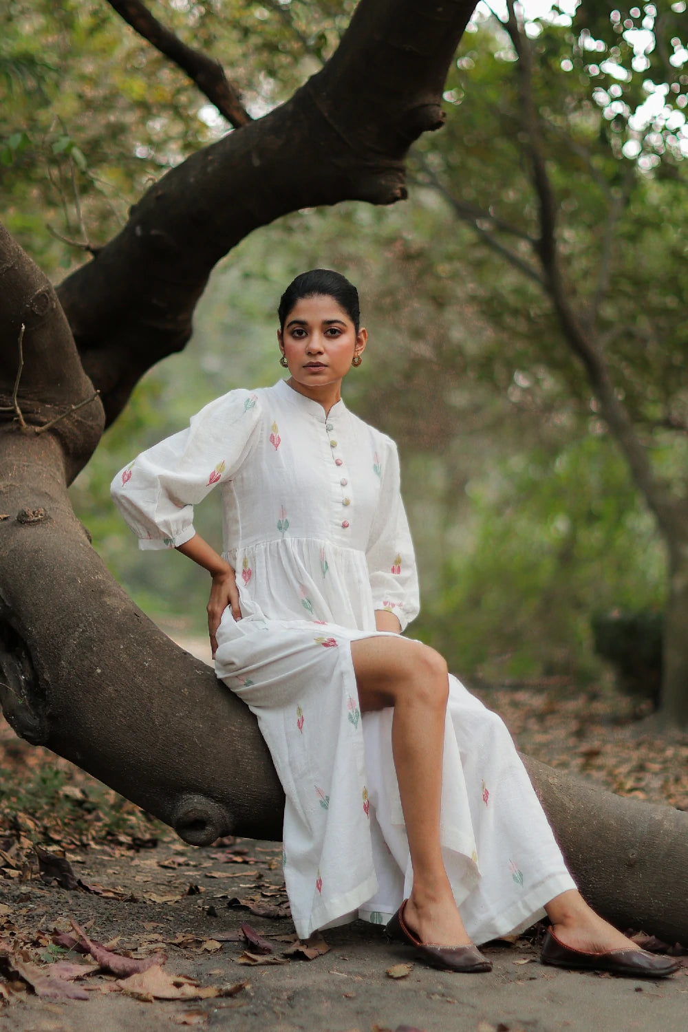 Whimsy White Cotton Jamdani Dress with Flowy Silhouette