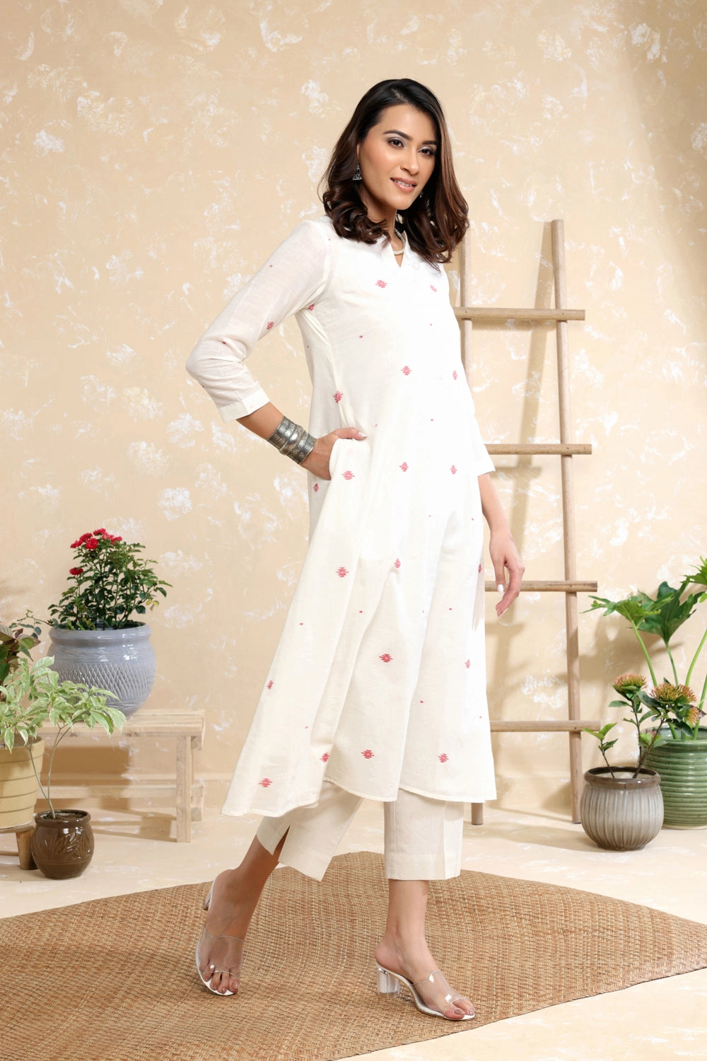 White Handloom Soft Cotton Jamdani Kurta Set with Relaxed Fit for Summer Wear