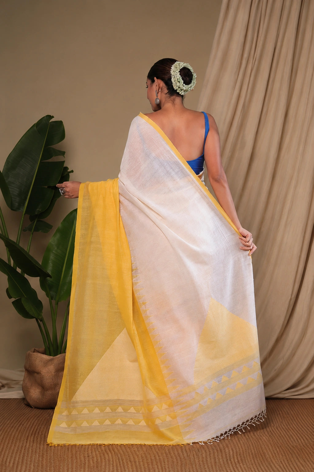 Handloom White & Yellow Soft Cotton Jamdani Saree