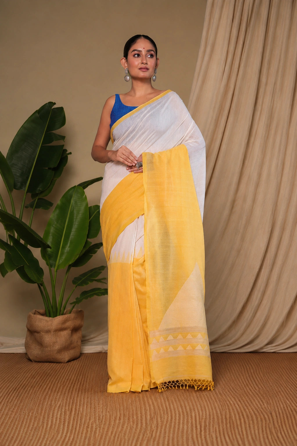 Handloom White & Yellow Soft Cotton Jamdani Saree