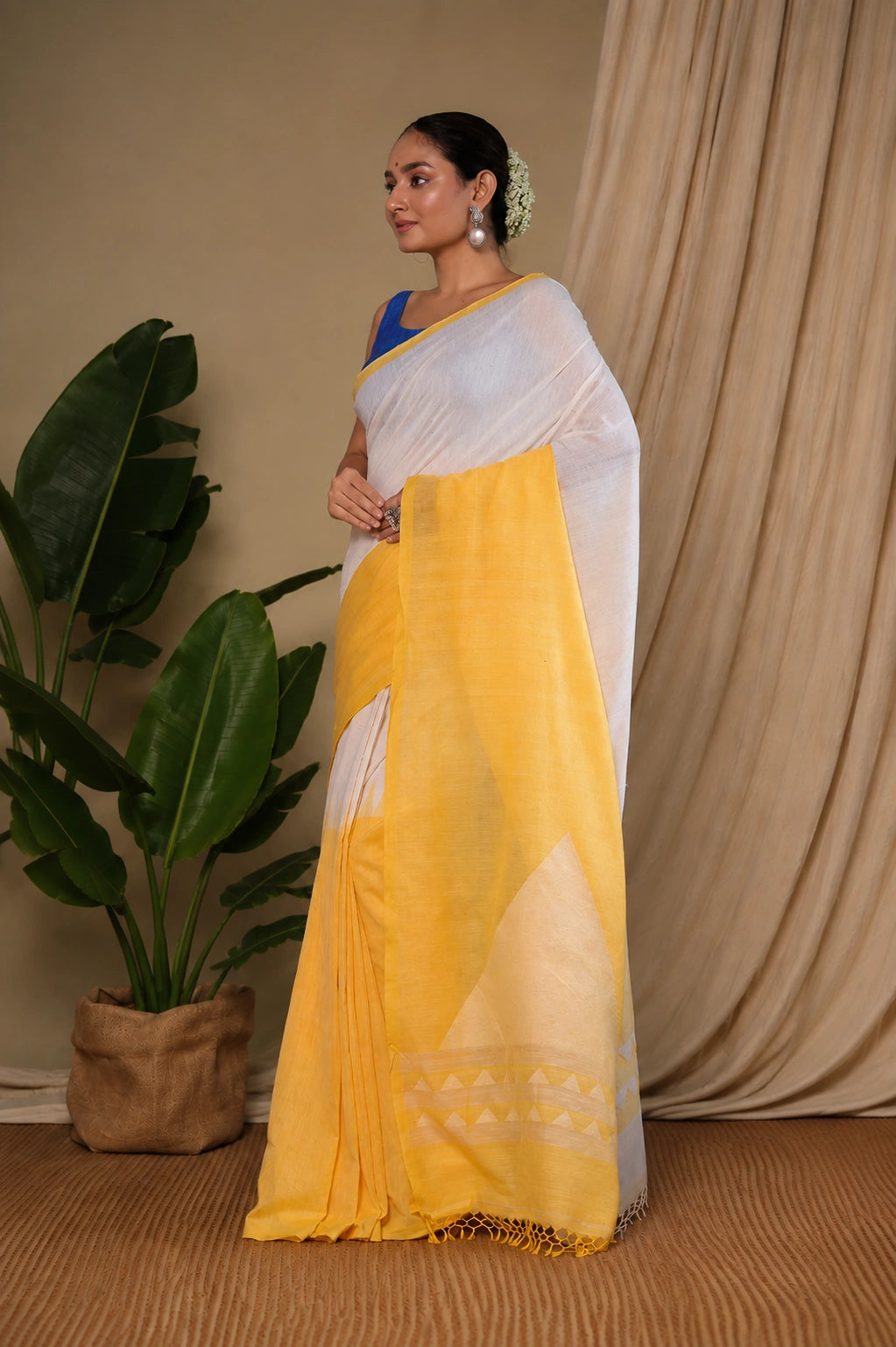 Handloom White & Yellow Soft Cotton Jamdani Saree
